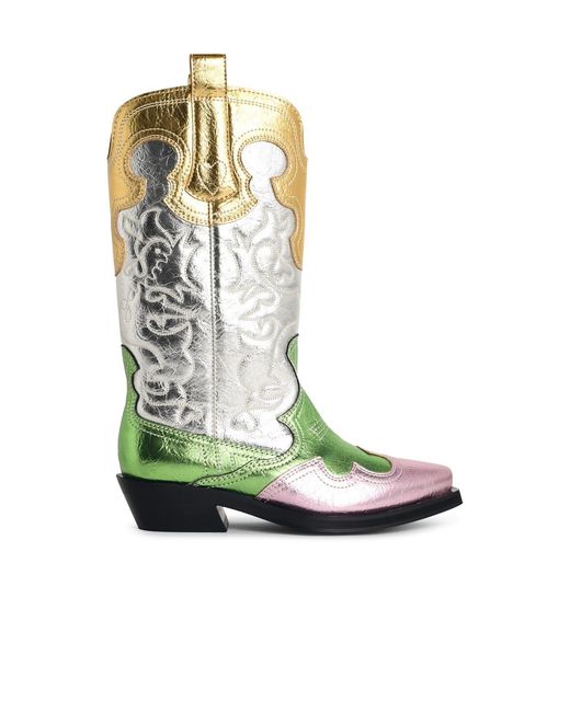 Ganni Green 'Western' Embroidered Boots With Medium Leg