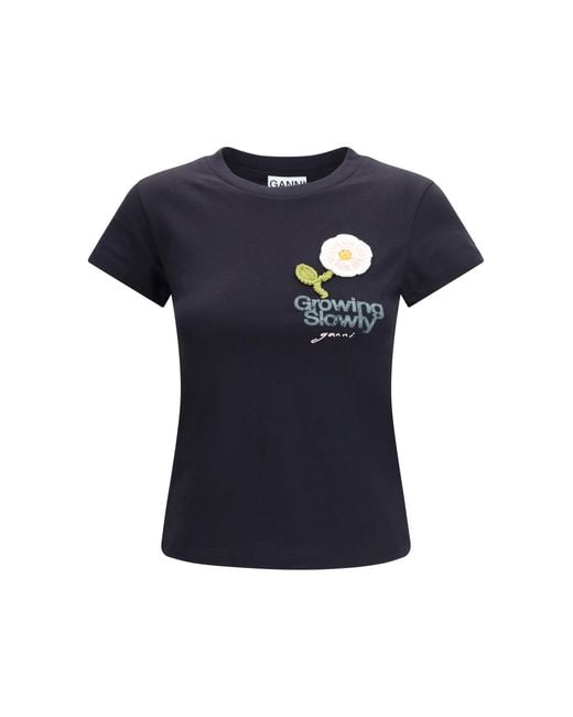 Ganni Blue Embroidered T-Shirt