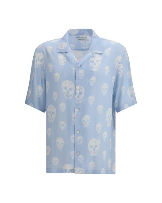 McQueen Blue Skull-Printed Hawaiian Shirt for men