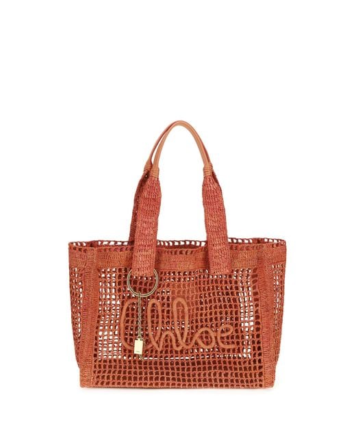 Chloé Red Chloã East-West Summer Banana Raffia Tote Bag