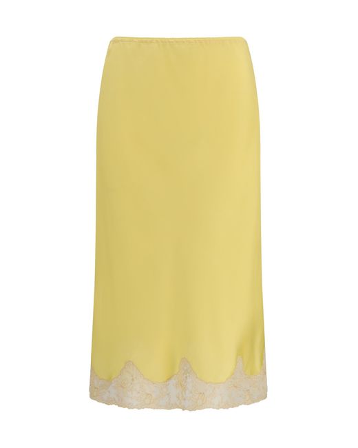 Saint Laurent Yellow Satin Midi Skirt With Lace Inserts