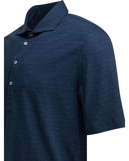 Brunello Cucinelli Blue Linen And Cotton Polo Shirt for men