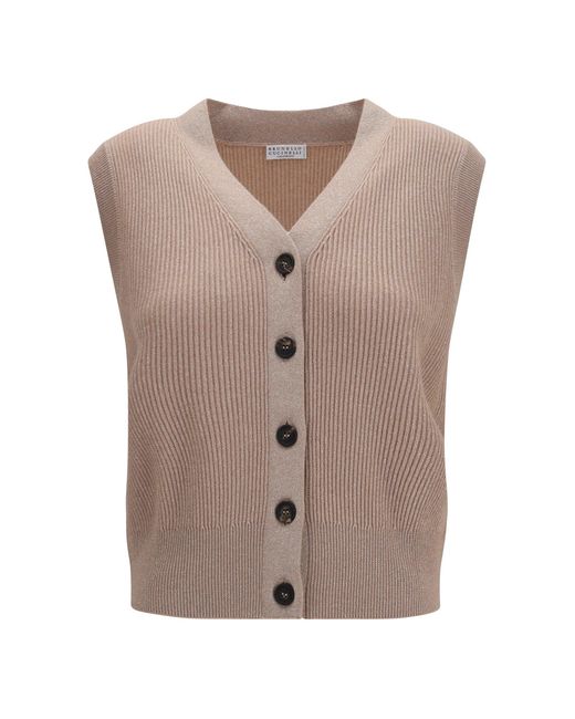 Brunello Cucinelli Pink Ribbed V-Neck Vest Clay+Camel Rosato