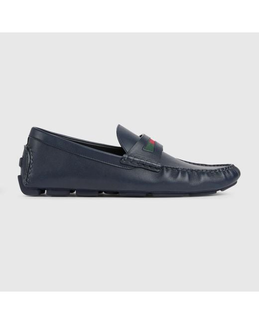 Gucci Blue Web Details Leather Loafers for men
