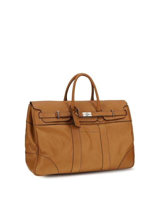 Brunello Cucinelli Brown Leather Travel Bag With Logo for men