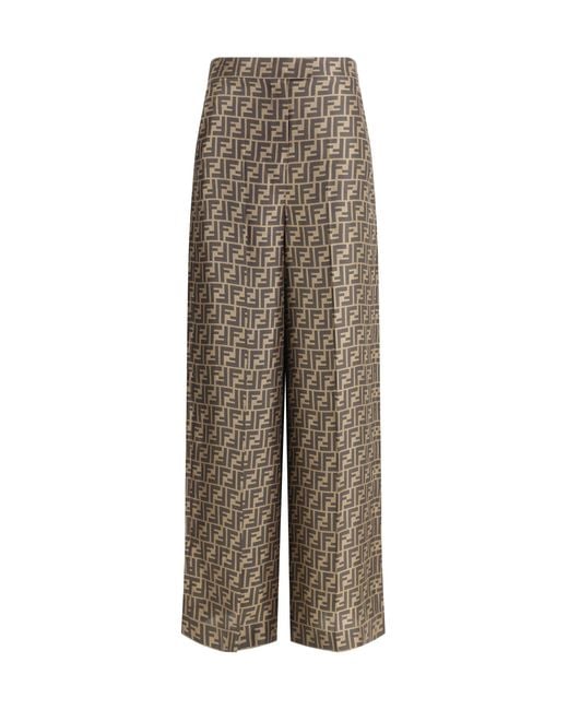 Women's Natural Monogram Pattern Silk Trousers