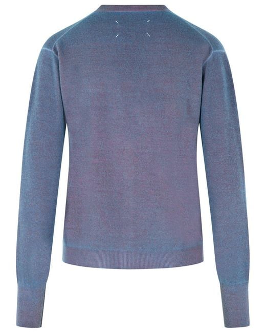 Maison Margiela Blue Virgin Wool Cardigan With Light And V-Neck