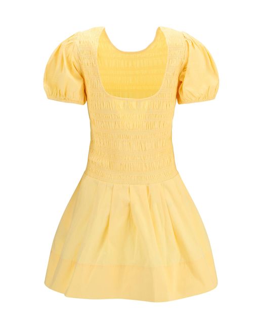Ganni Yellow Stretch Cotton Mini Dress With Balloon Sleeves