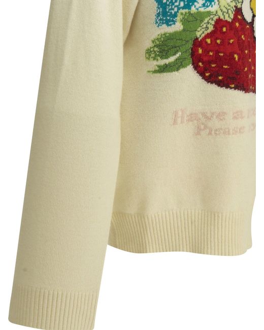 Ganni White "Strawberry" Crew-Neck Sweater