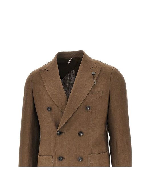Santaniello Brown Double-Breasted Linen Tailored Suit for men
