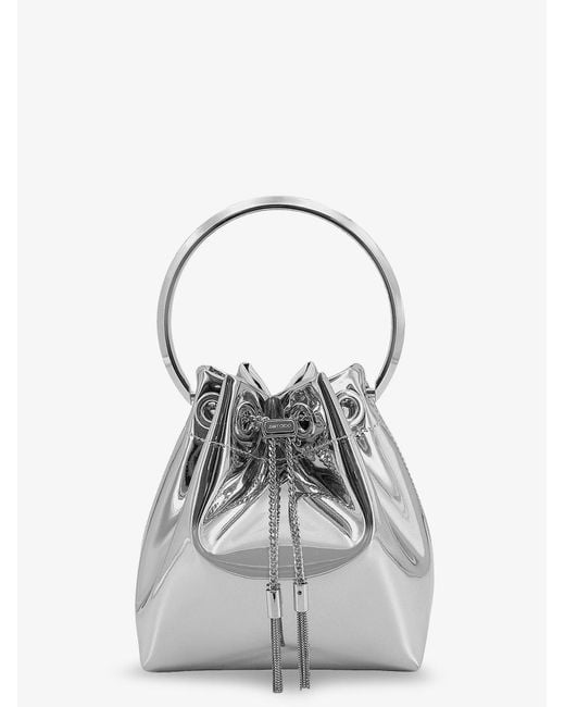 Jimmy Choo White Bonbon Mirrored Fabric Bucket Bag