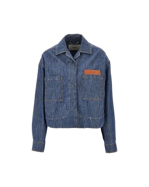 Fendi Blue Chambray Short Jacket With Leather Pocket