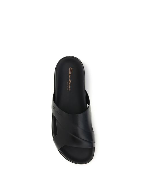 Santoni Black Leather Slippers for men