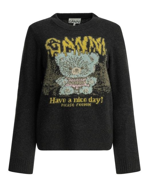 Ganni Black "Teddy" Crew-Neck Sweater