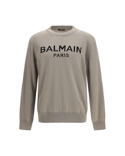 Balmain Gray Crewneck Wool Sweater for men