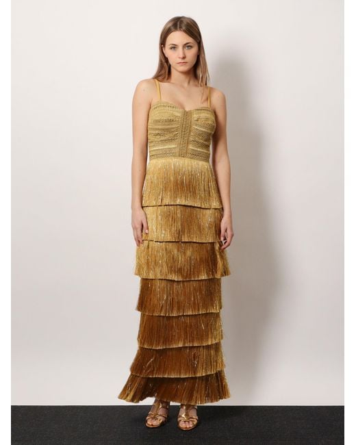 PATBO Metallic Long Dress With Embroidered Courset And Fringes