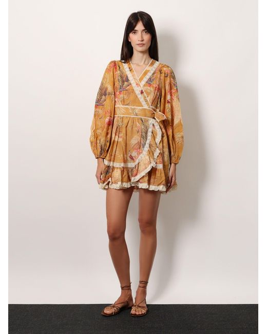 Zimmermann Natural Frill Cotton Short Dress With Floral Print