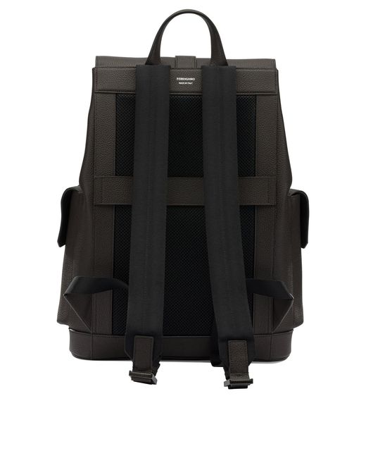 Ferragamo Black Double Pocket Leather Backpack for men