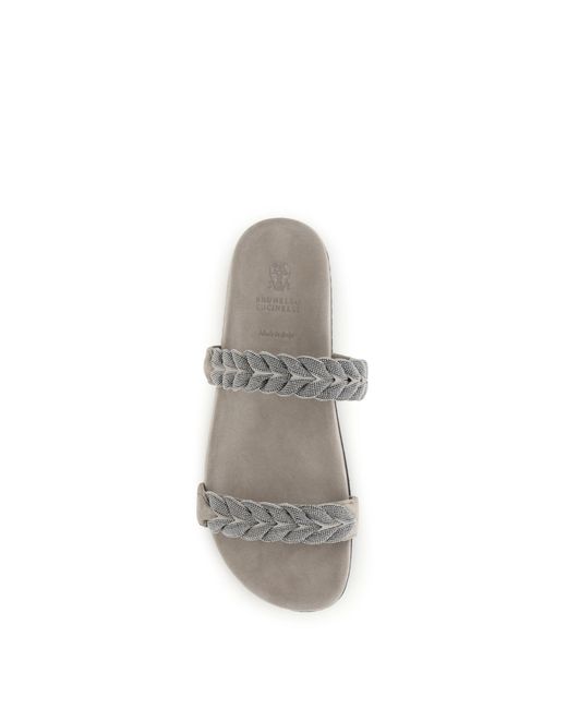 Brunello Cucinelli White Laurel Leaf Monili-Embellished Slides