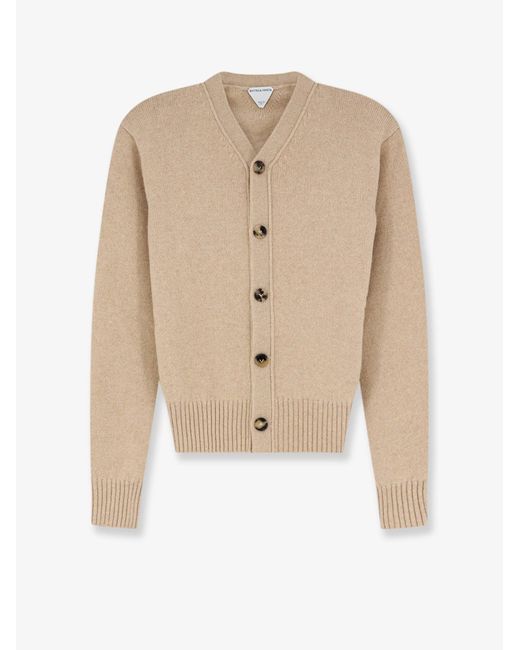 Bottega Veneta Natural Cashmere Blend Cardigan With Intrecciato Logo Patch