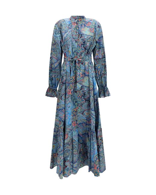 Etro Blue Paisley Print Cotton-Blend Shirt Dress