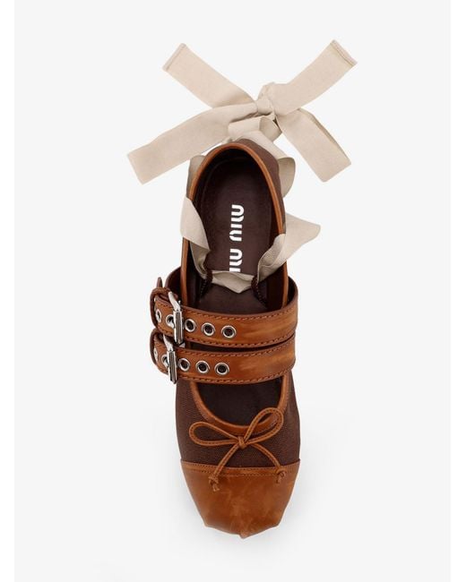 Miu Miu Brown Canvas And Leather Blend Ballerinas