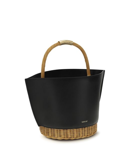 Sacai Black Leather And Rattan Handbag