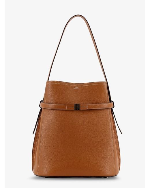 Women's Brown Textured Leather Bucket Bag With Frontal Strap