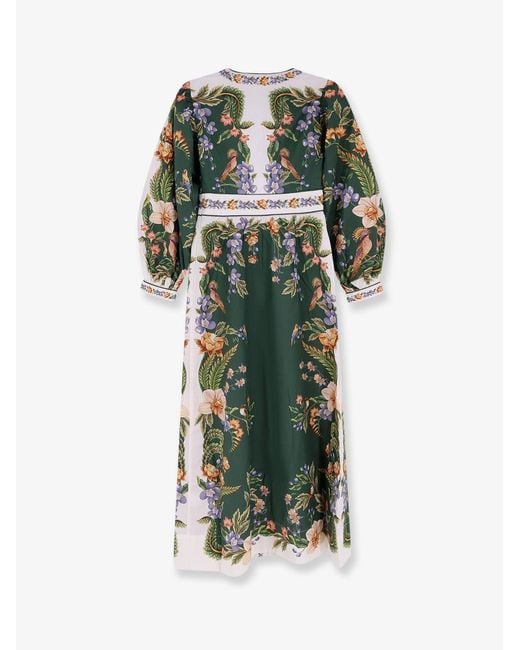 Farm Rio Green Long Cotton Dress With Floral Print