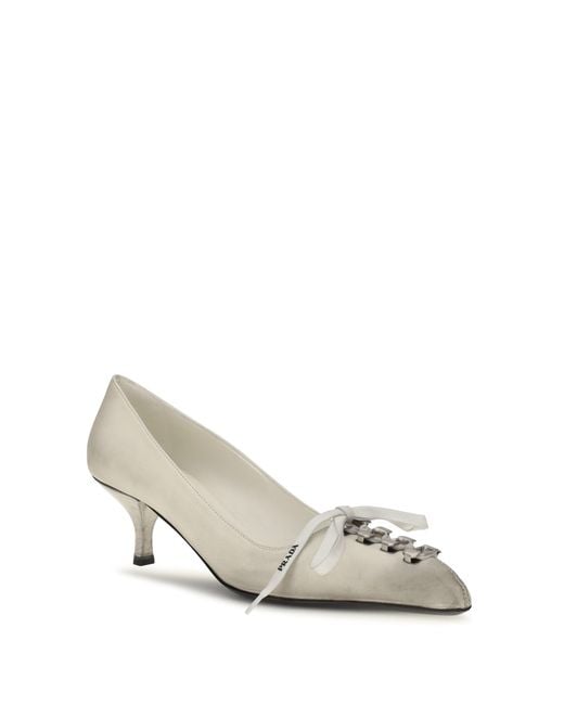 Prada White Lace-Up Antique-Finish Leather Pumps Talco