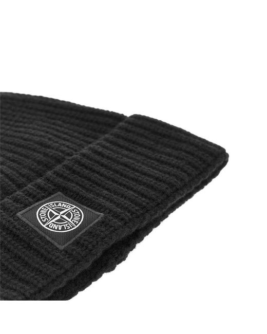 Stone Island Black Virgin Wool Beanie Hat With Logo Patch for men