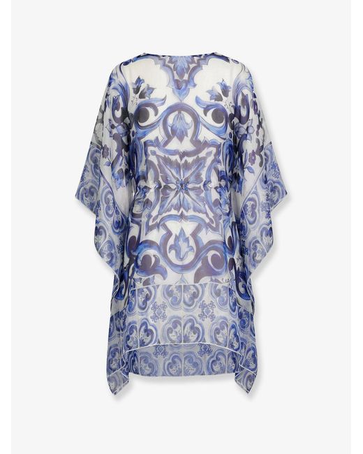 Dolce & Gabbana Blue Kaftan Chiffon Maiolica Print
