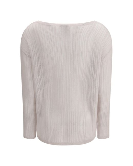 Allude White Sweater Rib-Knit Crewneck