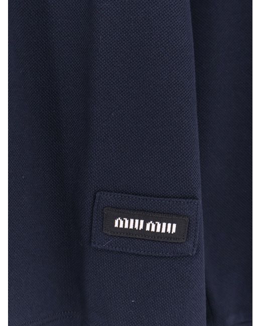 Miu Miu Blue Cotton Polo Shirt With Asymmetric Metal Zip Detail