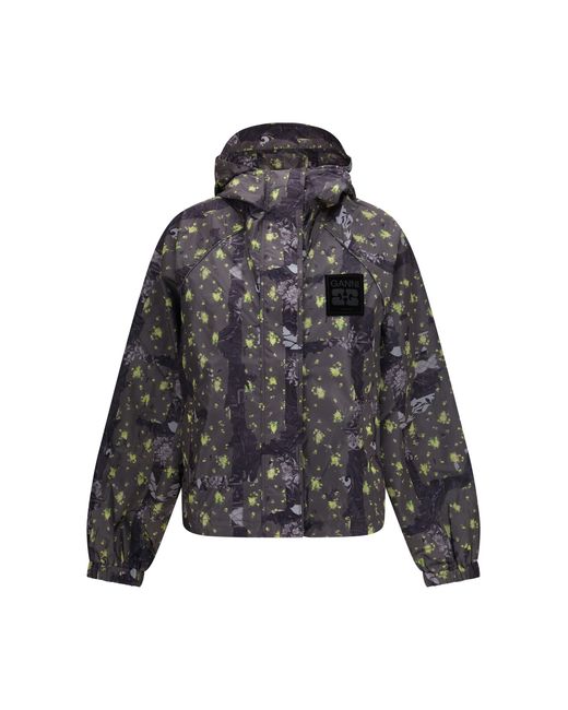 Ganni Black Ultralight Nylon Jacket With Floral Print