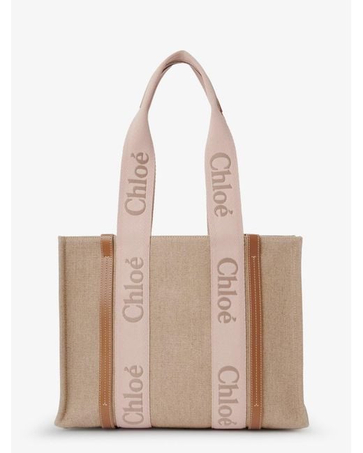 Chloé Natural Woody Linen Shoulder Bag With Front Embroidered Logo
