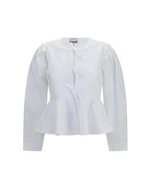 Ganni White Cotton Poplin Blouse With Bows