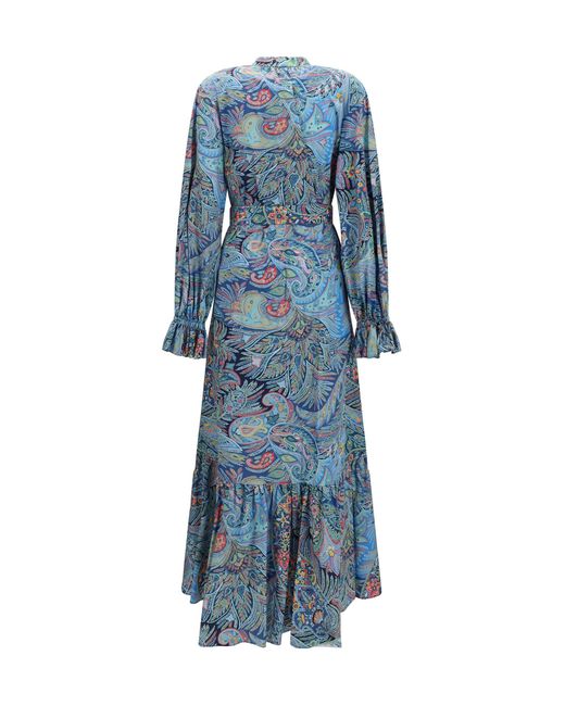Etro Blue Paisley Print Cotton-Blend Shirt Dress