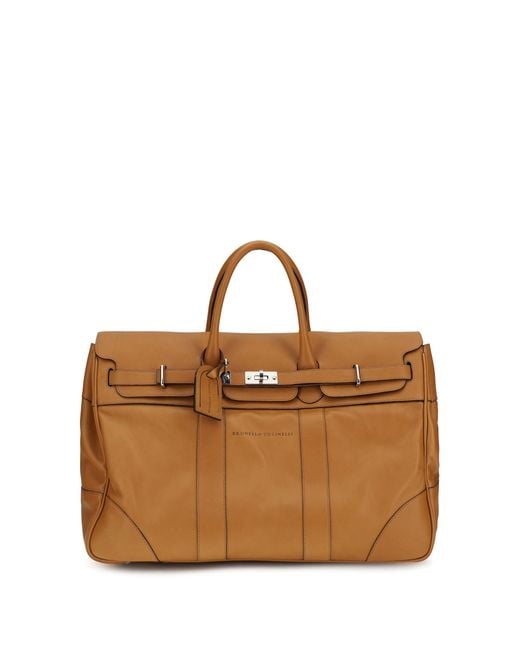 Brunello Cucinelli Brown Leather Travel Bag With Logo for men