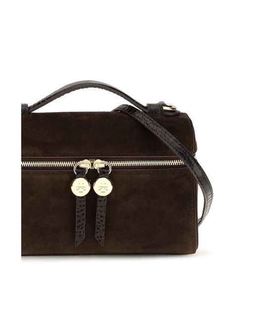 Tory Burch Black Romy Slim Suede Top Handle Bag Dark Cocoa