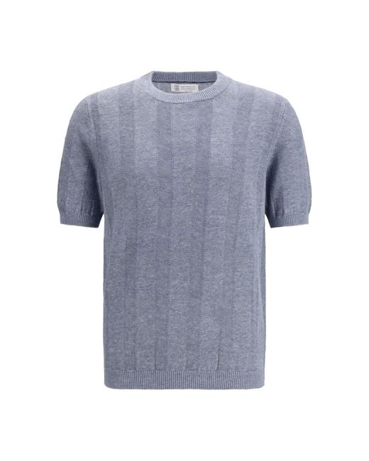 Brunello Cucinelli Blue Short-Sleeve Knitted Top for men
