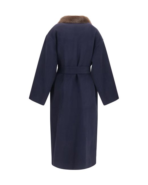 P.A.R.O.S.H. Blue P.A.R.O..H. Wool Coat With Fur Collar And Belt