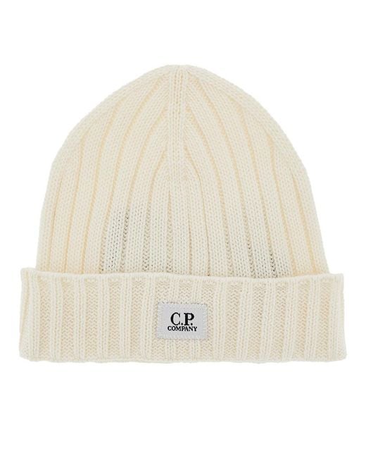 C P Company Natural Knitted Beanie Hat for men