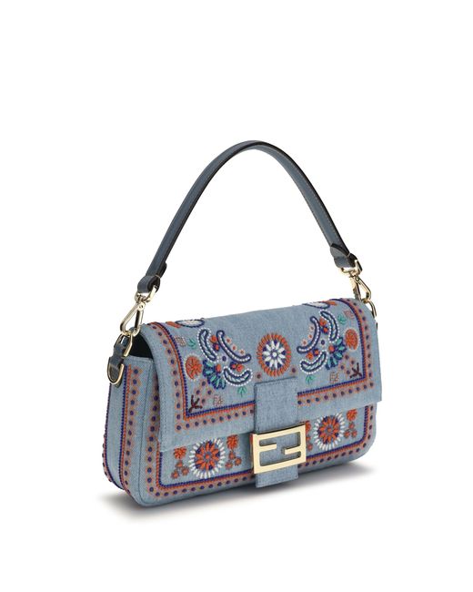 Fendi Blue Shoulder Bag Multicolour Embroidered Denim