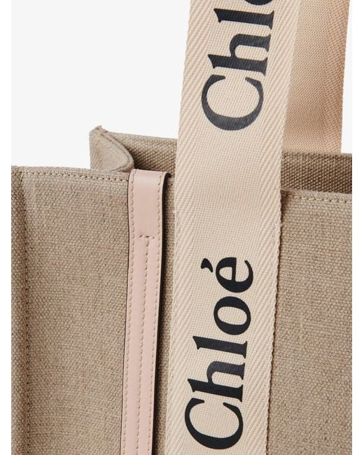 Chloé Natural Woody Linen Shoulder Bag With Leather Inserts