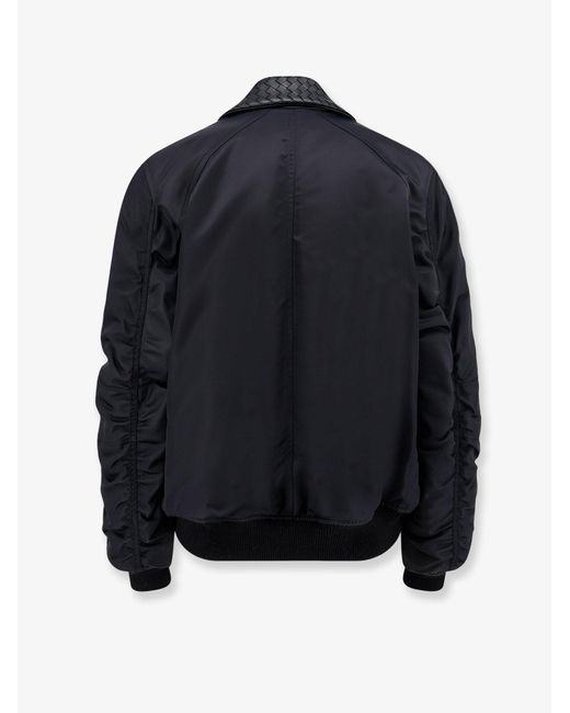 Bottega Veneta Blue Nylon Jacket With Intrecciato Leather Collar