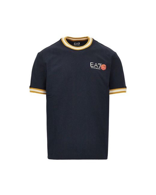 EA7 Blue Cotton T-Shirt With Logo Print for men