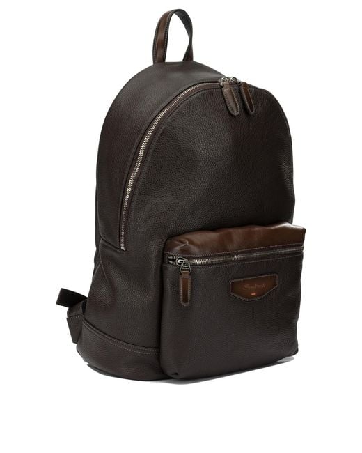 Santoni Black Casual Leather Backpack for men