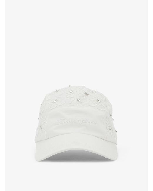 Dolce & Gabbana White Cotton Hat With All-Over Floral Embroidery