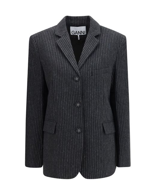 Ganni Black Pinstripe Wool Blazer Phantom